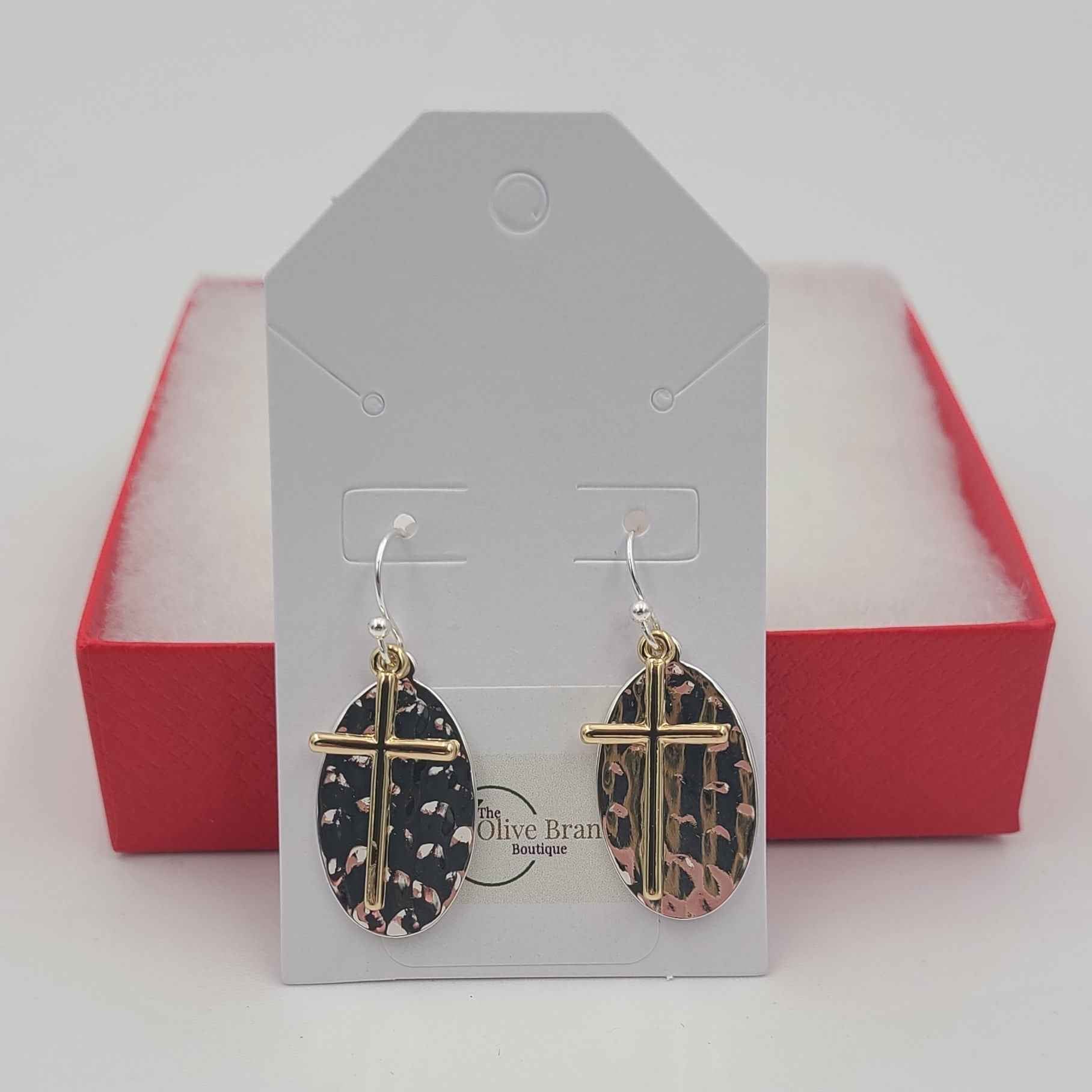 Hammered Two-Tone Cross Earrings