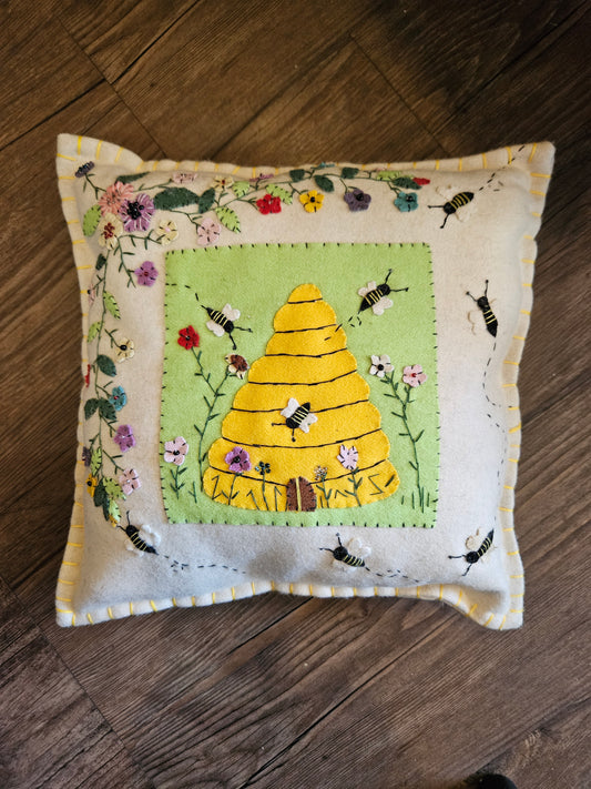 Beehive and Flowers Throw Pillow
