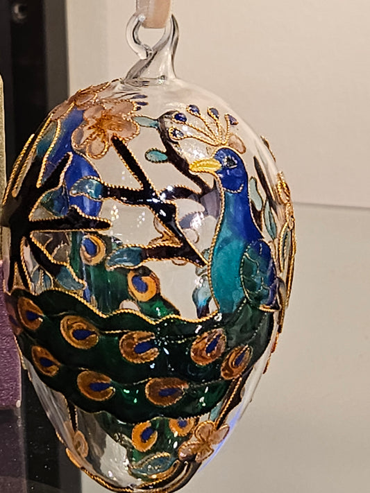 Peacock on Branch Glass Egg Ornament