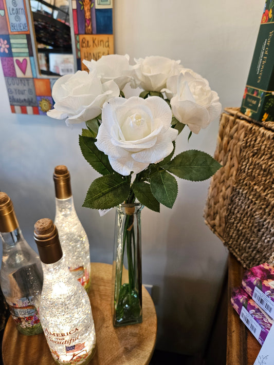 17 In White Real Touch Full Bloom Rose Stem w/Foliage Bundle 6 Stems