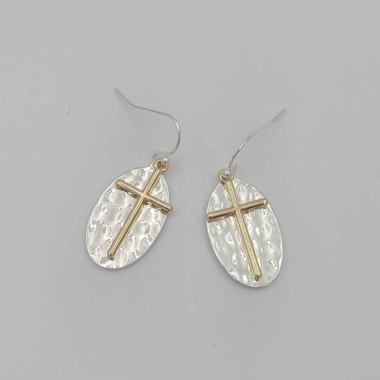 Hammered Two-Tone Cross Earrings