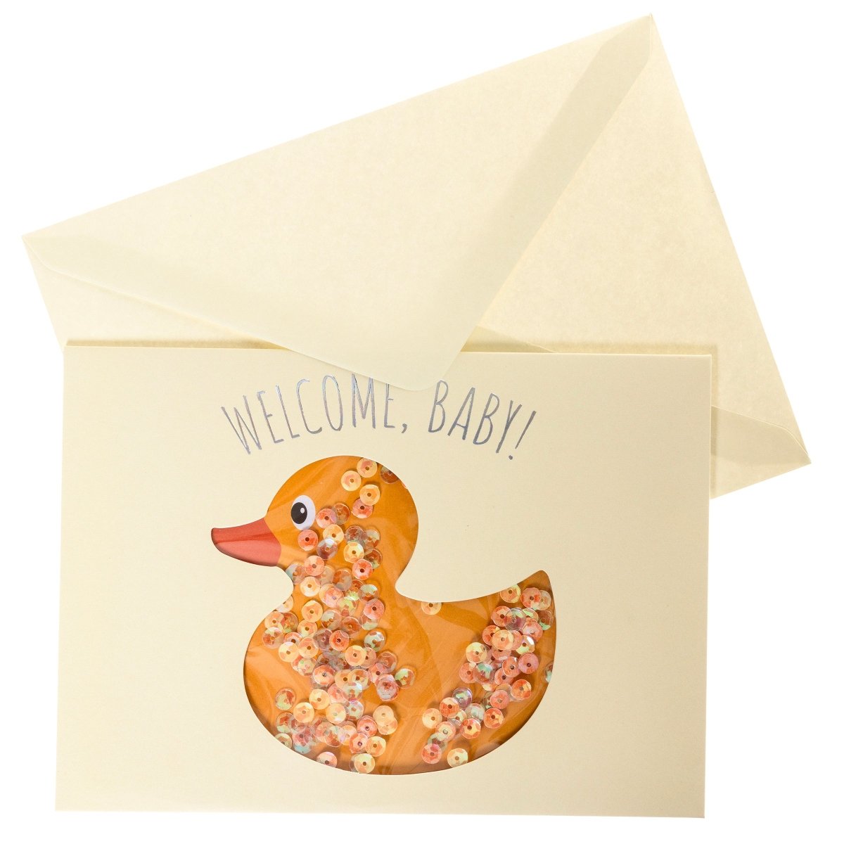 Rubber Ducky Baby Handmade Card, A cream card with a die-cut duck shape filled with iridescent sequins and Welcome, Baby! in holographic foil, shown with its envelope.