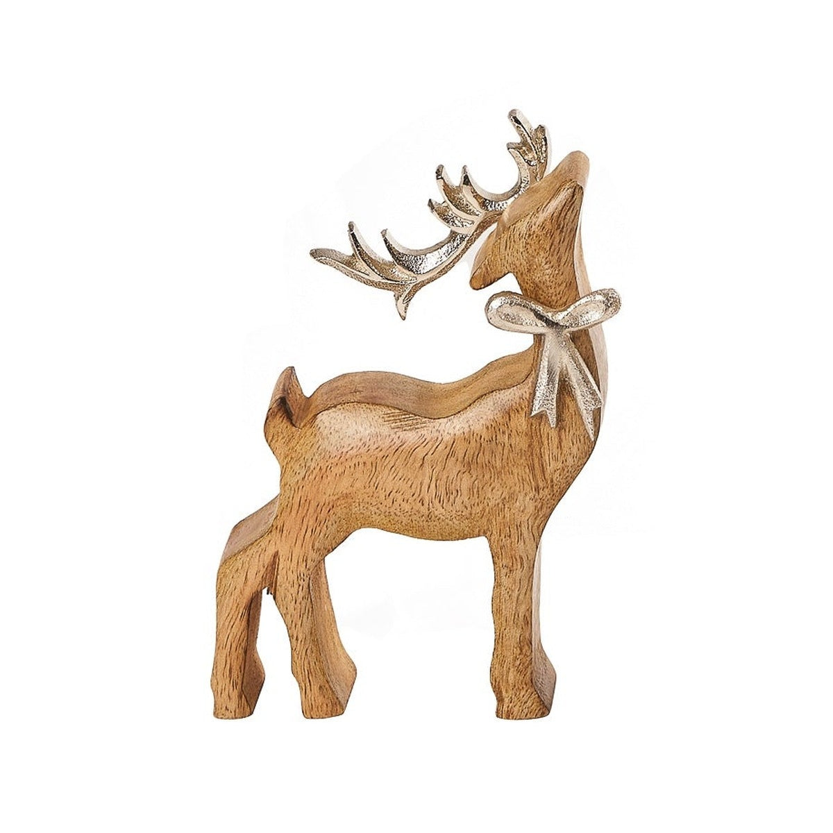 Rudolph Wooden Reindeer, a standing wooden reindeer figure with silver-finish antlers and a silver bow at its neck.