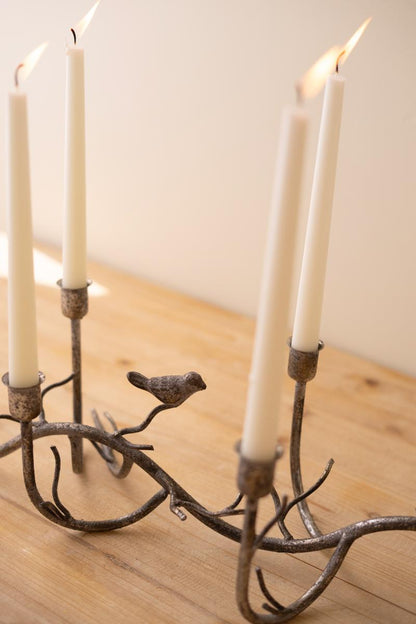 Rustic Metal Candelabra with Birds, A long curved iron candelabra with eight taper holders and two small bird figures.