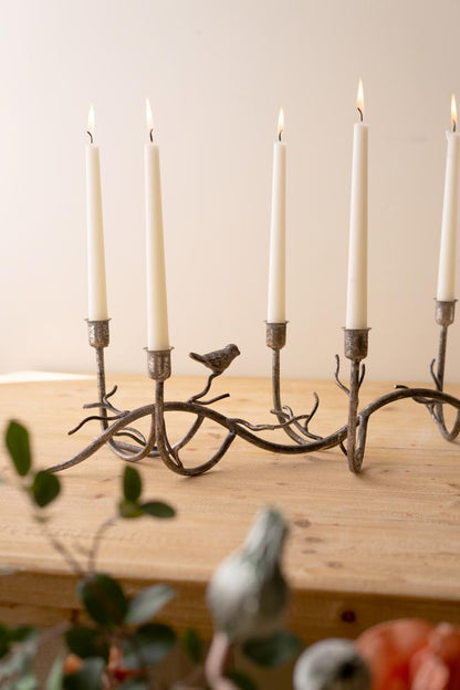 Rustic Metal Candelabra with Birds, A long curved iron candelabra with eight taper holders and two small bird figures.
