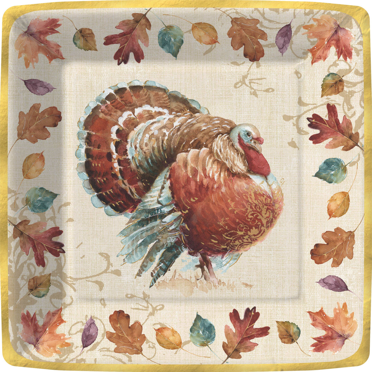 Rustic Turkey Square Paper Plate, Square paper dinner plate with a russet and teal turkey at the center, a border of autumn leaves on a cream linen-look background, and a shiny gold edge.