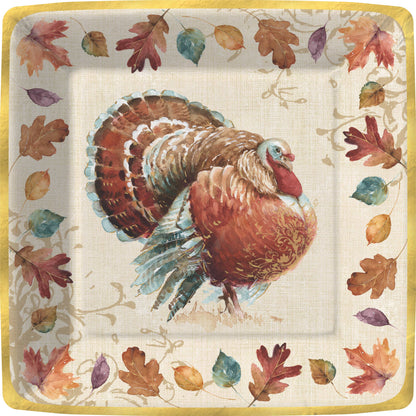 Rustic Turkey Square Paper Plate, Square paper dinner plate with a russet and teal turkey at the center, a border of autumn leaves on a cream linen-look background, and a shiny gold edge.