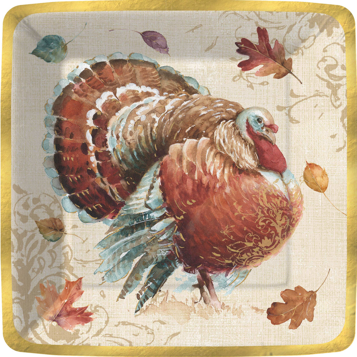Rustic Turkey Square Paper Plate, Square paper dinner plate with a russet and teal turkey at the center, a border of autumn leaves on a cream linen-look background, and a shiny gold edge.