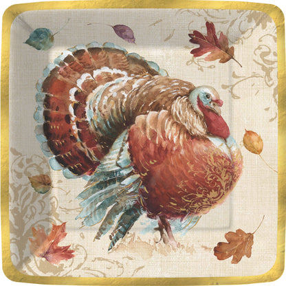 Rustic Turkey Square Paper Plate, Square paper dinner plate with a russet and teal turkey at the center, a border of autumn leaves on a cream linen-look background, and a shiny gold edge.