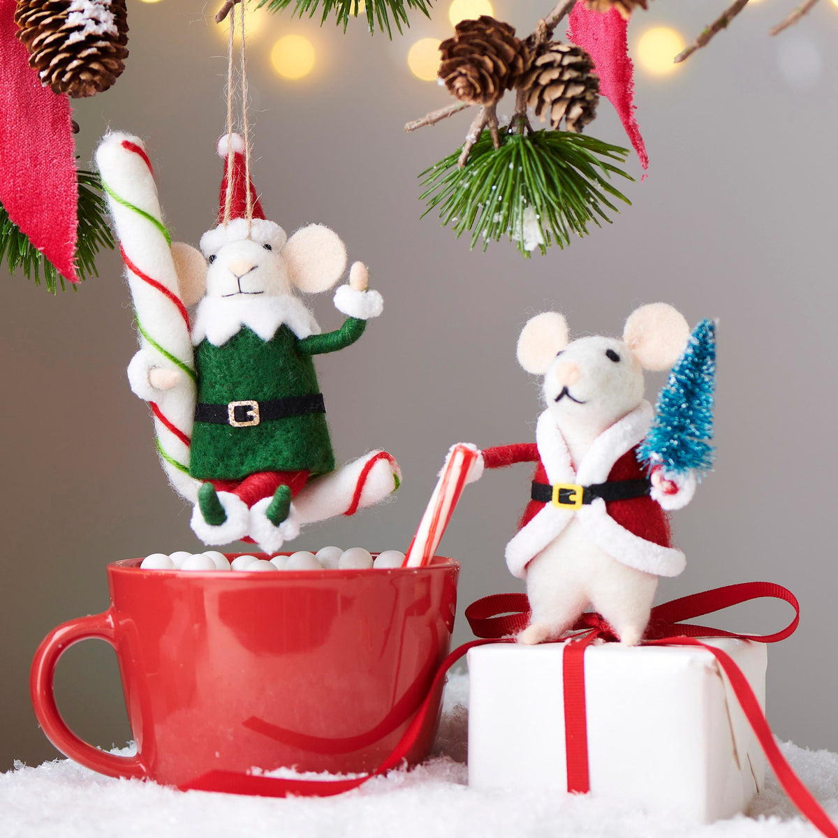6" Santa and Candy Cane Mice Ornament product photo