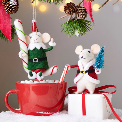 6" Santa and Candy Cane Mice Ornament product photo