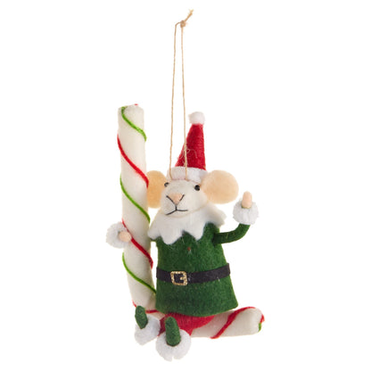 6" Santa and Candy Cane Mice Ornament, Elf Mouse