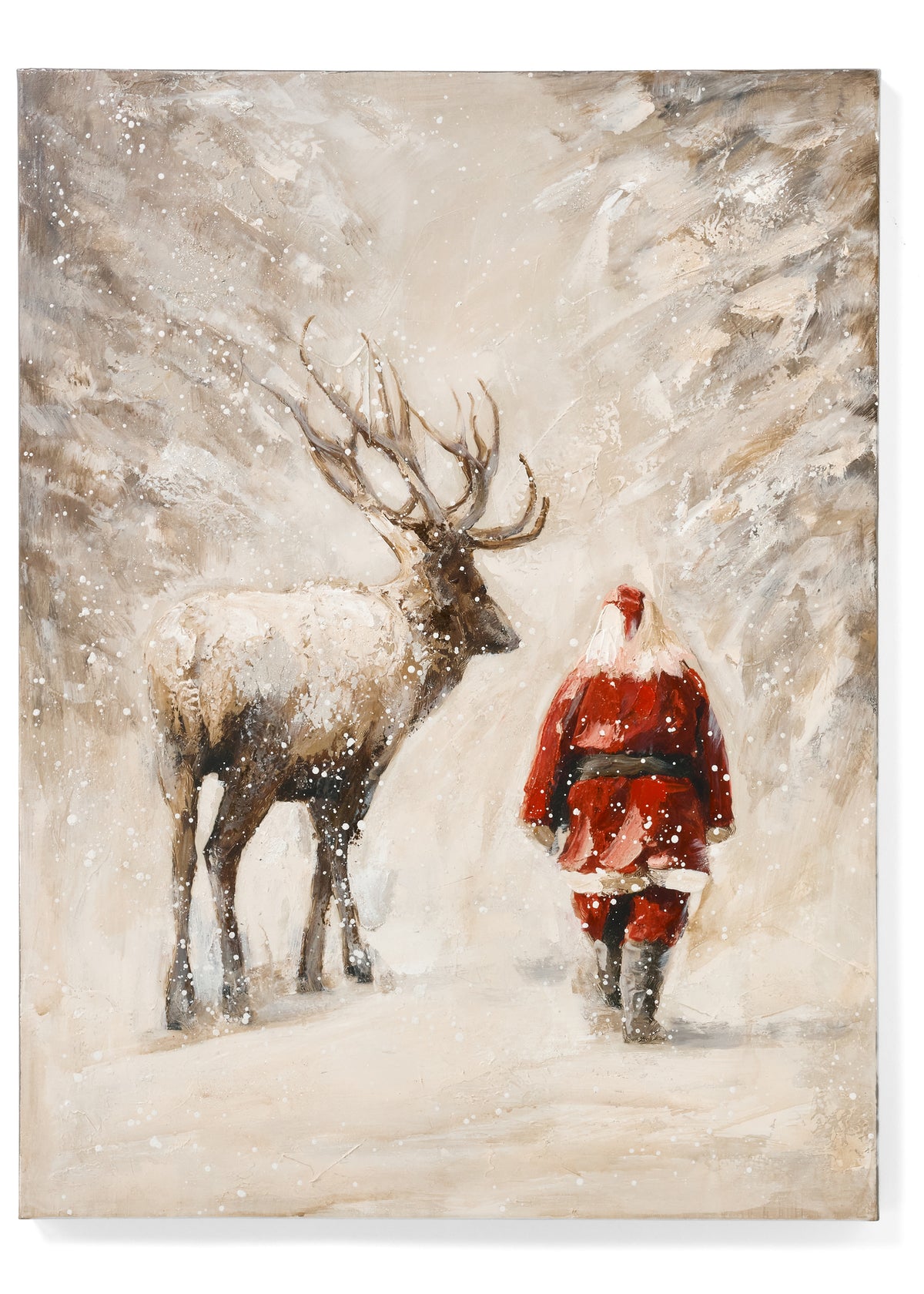Santa and Deer Oil Painting on Canvas, Santa in a red coat, seen from behind, walks beside a large antlered stag through a snowy forest in this oil painting.