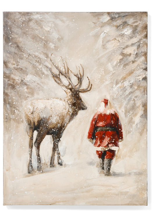 Santa and Deer Oil Painting on Canvas, Santa in a red coat, seen from behind, walks beside a large antlered stag through a snowy forest in this oil painting.