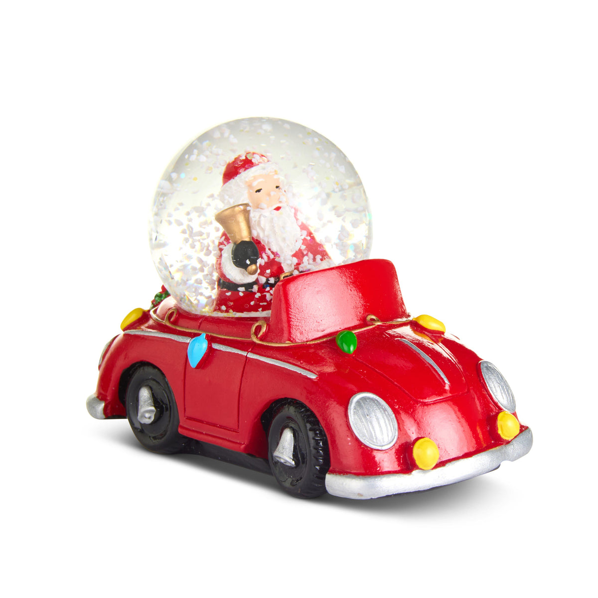 Santa Convertible Car Snow Globe, A small snow globe with Santa ringing a gold bell above a red convertible car trimmed with colored bulb details and silver bell hubcaps.