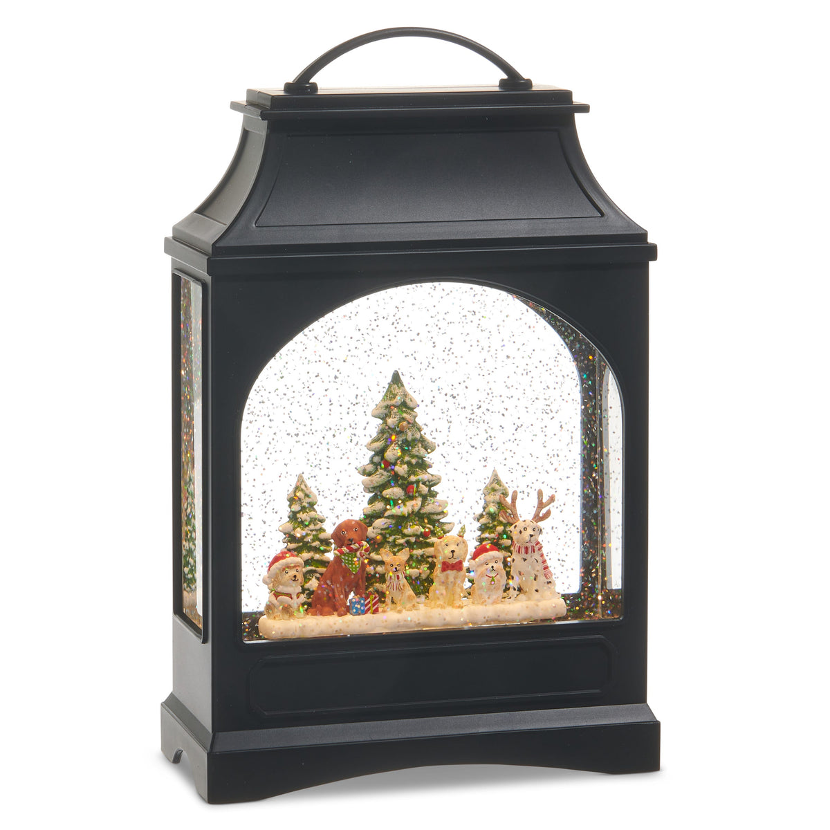 Santa's Best Friend Lighted Water Lantern, A black water lantern with a top handle and arched window showing dogs in Santa hats, scarves, a bow tie and reindeer antlers gathered around a snowy Christmas tree with presents, behind a glitter-filled arched window.