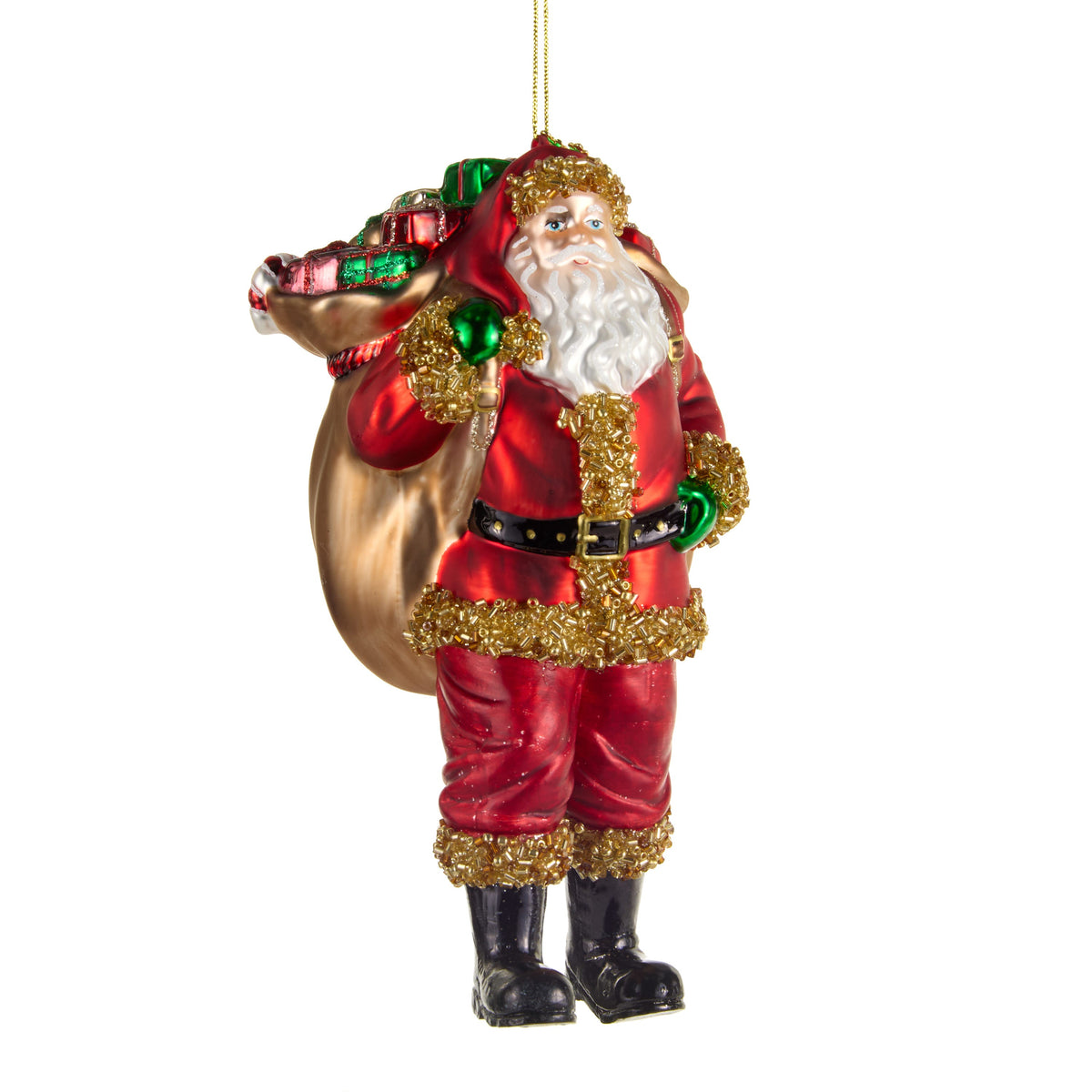 Santa's Delivery Ornament, A red glass Santa ornament with gold beaded trim, shown carrying a sack of gifts over one shoulder.