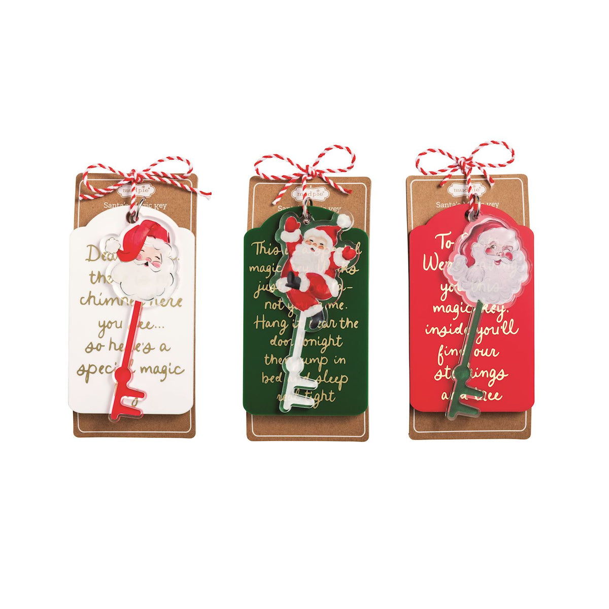 Santa's Magic Key with Sentiment Tag, Three Santa magic keys, each tied with red and white cord to a white, green or red sentiment tag on a kraft card.