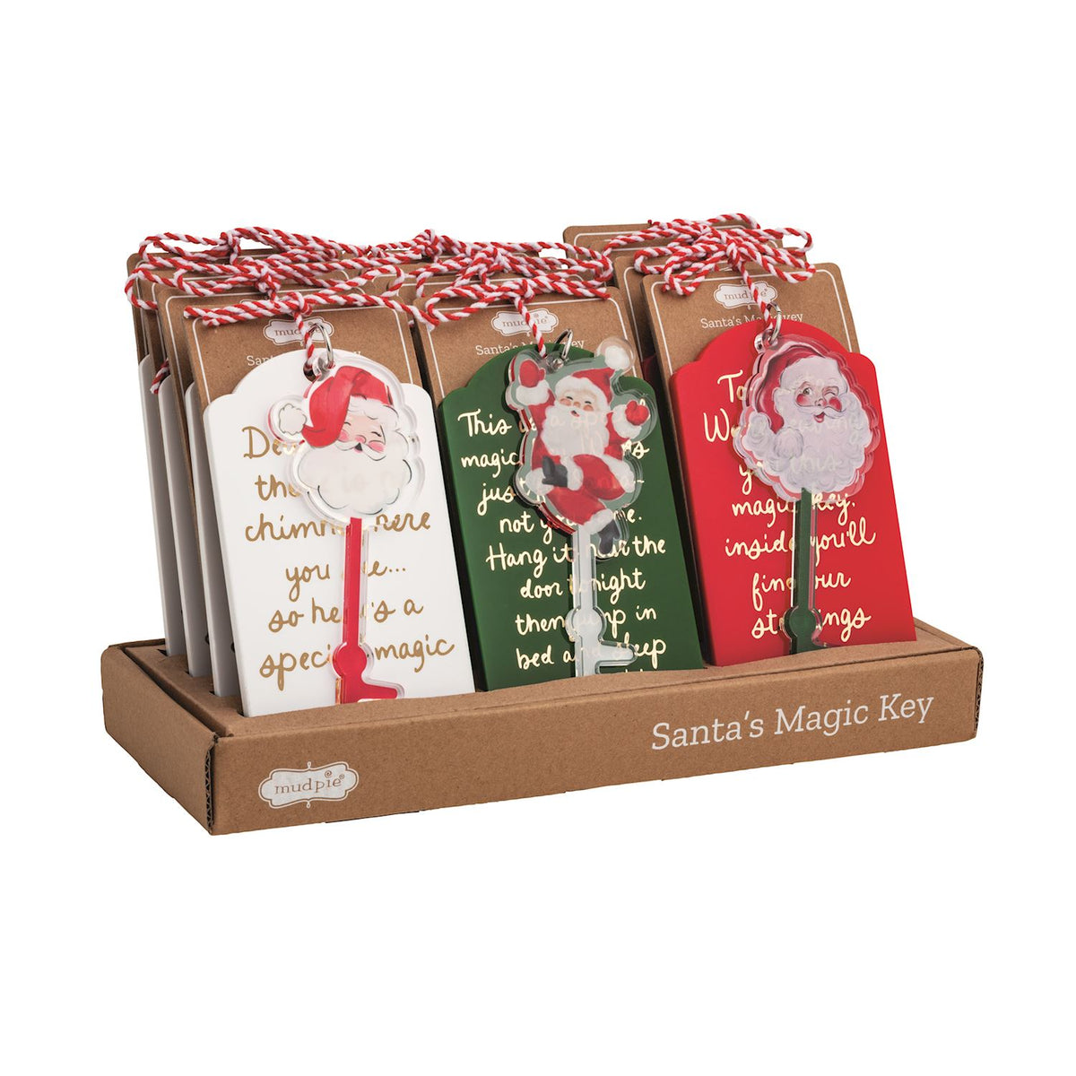 Santa's Magic Key with Sentiment Tag, Three Santa magic keys, each tied with red and white cord to a white, green or red sentiment tag on a kraft card.