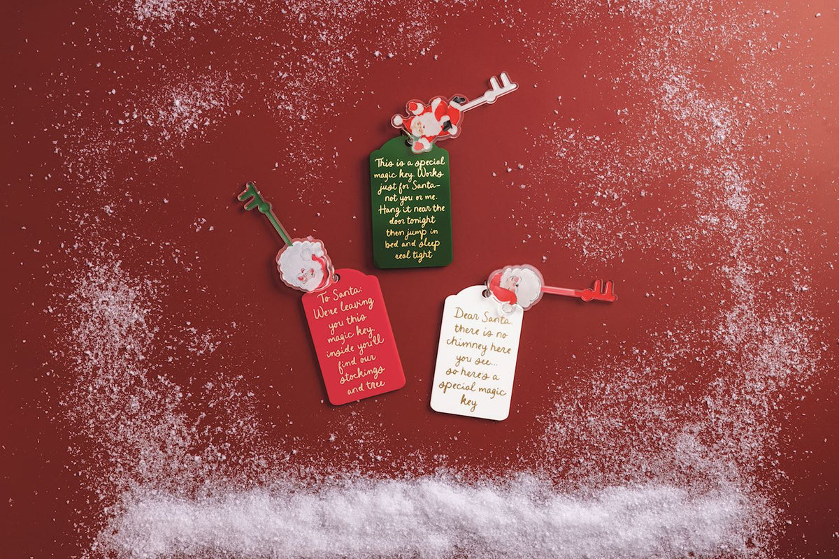 Santa's Magic Key with Sentiment Tag, Three Santa magic keys, each tied with red and white cord to a white, green or red sentiment tag on a kraft card.
