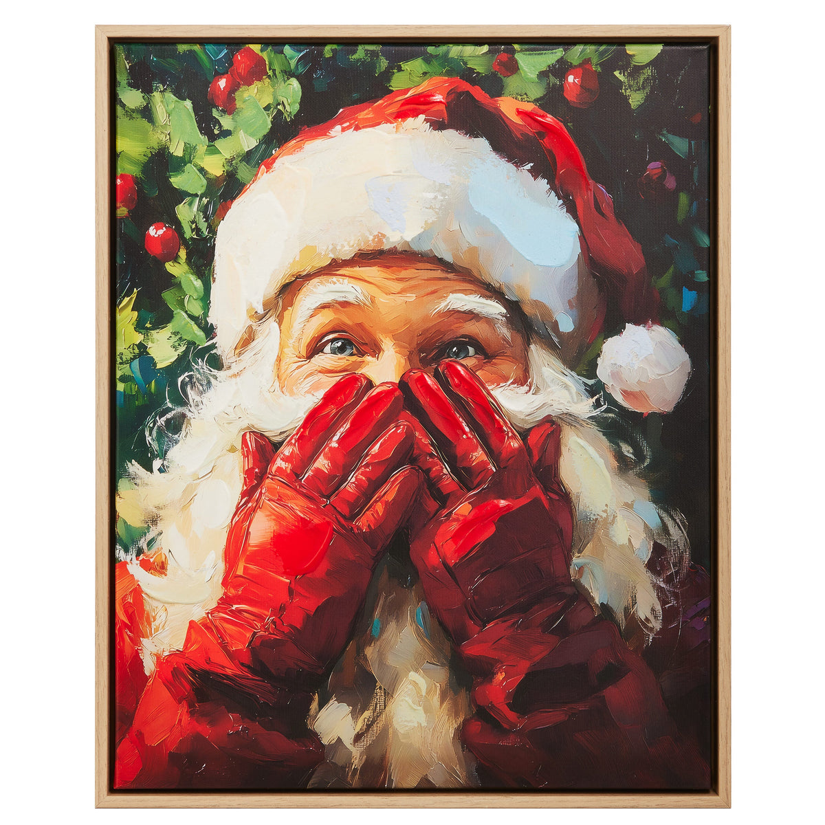 Santa's Secret Wall Art, A framed canvas print of Santa peeking over his hands as if sharing a secret, set against a holly background.