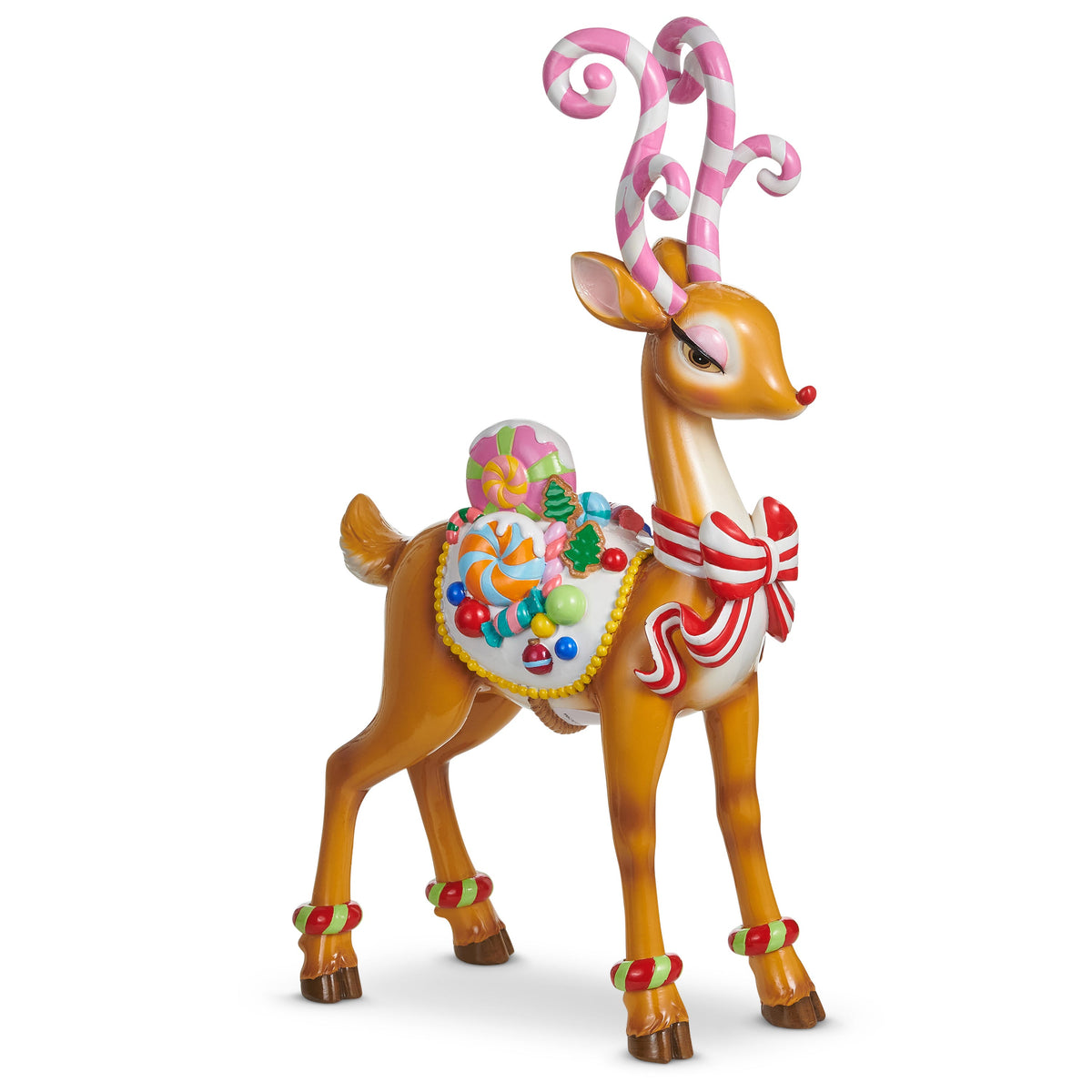 Sassy Jingle Standing Deer Figure with Candy Cane Antlers, A brown resin deer standing on four legs with pink and white candy cane antlers, a red and white striped bow and a white saddle piled with candy.