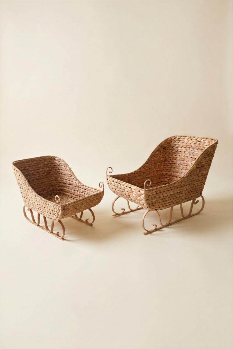 Seagrass Christmas Sleigh, Two woven sleigh shaped baskets, one large and one small, side by side.