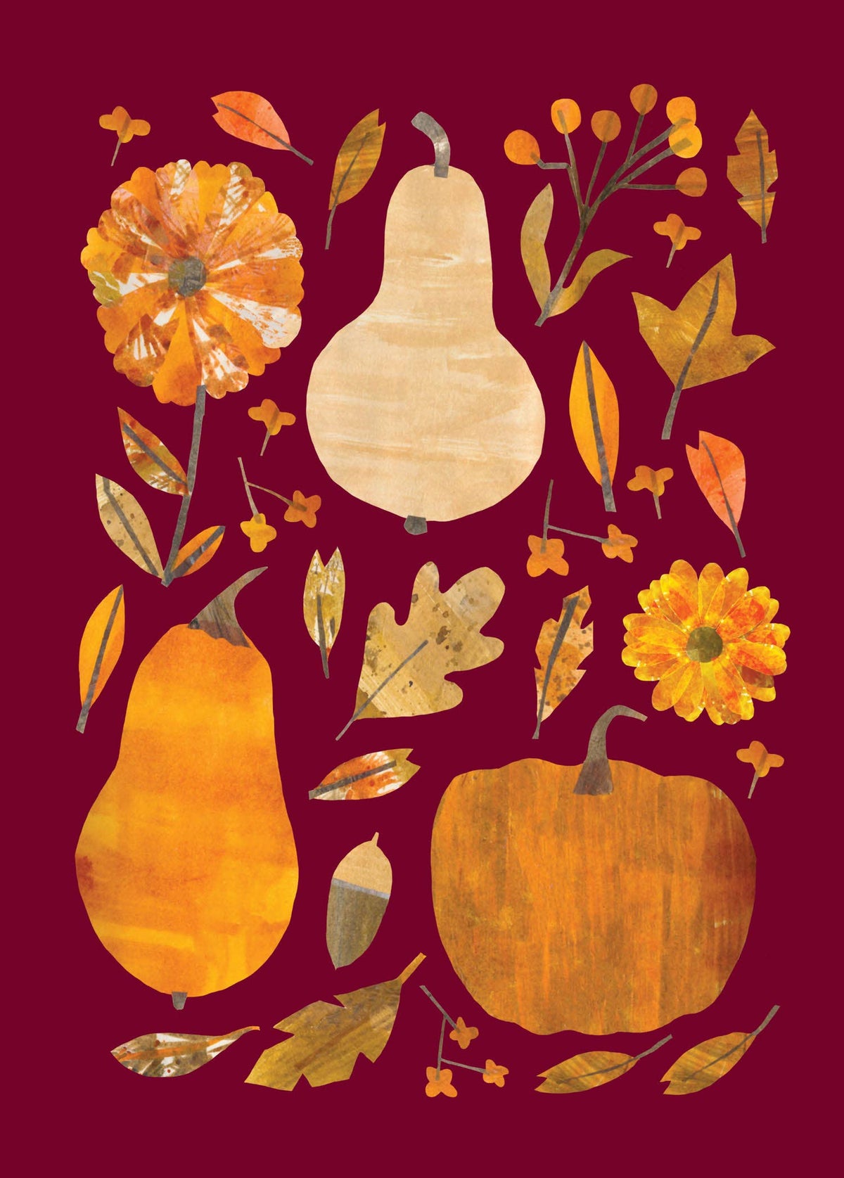 Season of Plenty Greeting Card, Front of a burgundy card covered in paper-collage pumpkins, butternut squash, orange and yellow flowers, leaves, an acorn and berries in oranges, golds and tans.