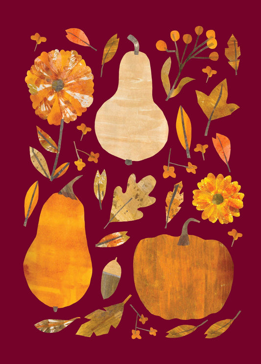 Season of Plenty Greeting Card, Front of a burgundy card covered in paper-collage pumpkins, butternut squash, orange and yellow flowers, leaves, an acorn and berries in oranges, golds and tans.