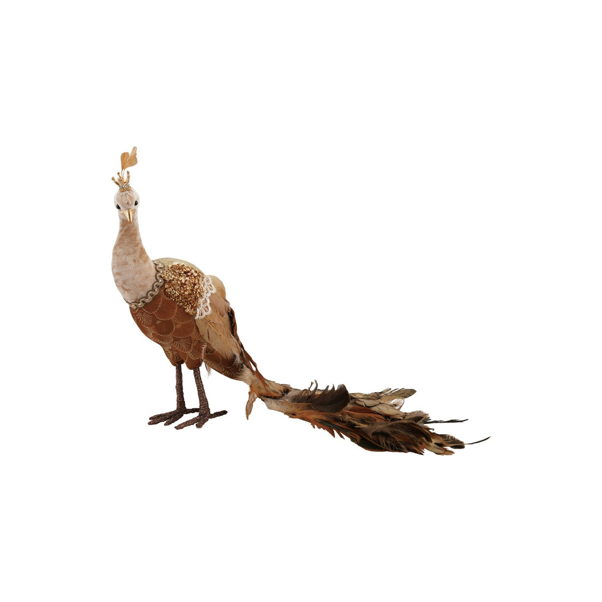 Sequin and Feather Peacock Figurine, Brown, A brown and gold peacock figurine with a long feathered tail trailing behind it and a small crown on its head, shown against a white background.