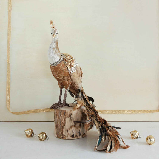 Sequin and Feather Peacock Figurine, Brown