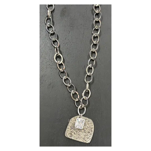 17" Silver Plated Chain Necklace with Crystal Pave' and Silver Pewter Stamped Pendant
