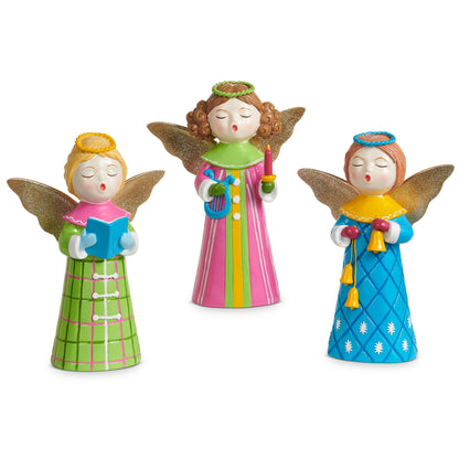 Singing Choir Angel Figurine with Glitter Wings, Three singing angel figurines with glittered gold wings and halos, one in a green plaid robe holding a songbook, one in a pink striped robe holding a lyre and a candle, and one in a blue snowflake robe holding bells.
