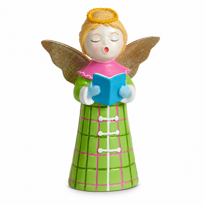 Singing Choir Angel Figurine with Glitter Wings, Green Plaid with Songbook design