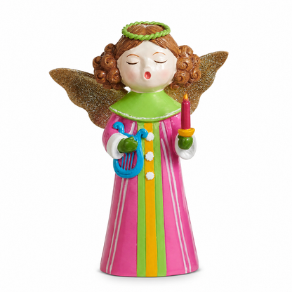 Singing Choir Angel Figurine with Glitter Wings, Pink Stripe with Lyre design