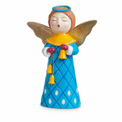 Singing Choir Angel Figurine with Glitter Wings, Blue Snowflake with Bells design
