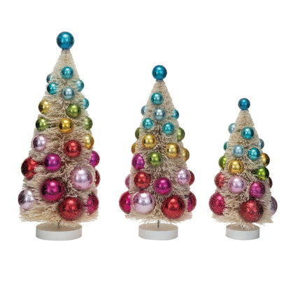 Sisal Bottle Brush Tree with Ornaments, A small sisal bottle brush Christmas tree decorated with attached miniature ornaments.