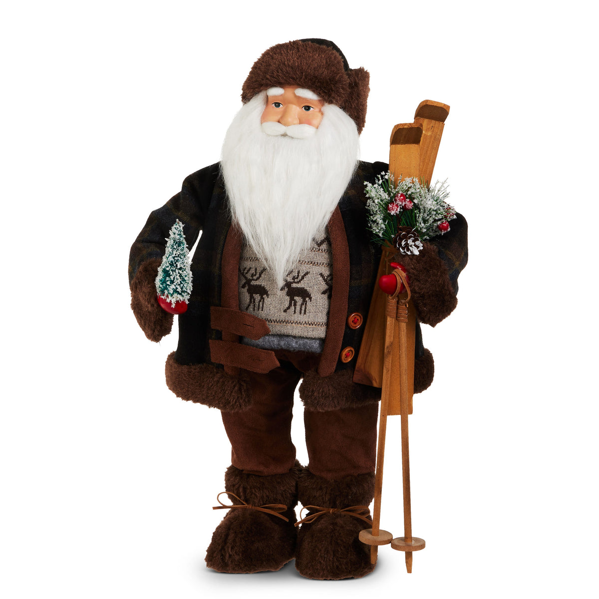 Skier Santa Figure in Trapper Hat, A standing Santa figure in a brown faux fur trapper hat, dark plaid coat and reindeer knit vest, holding a small frosted tree and carrying skis, poles and frosted greenery.