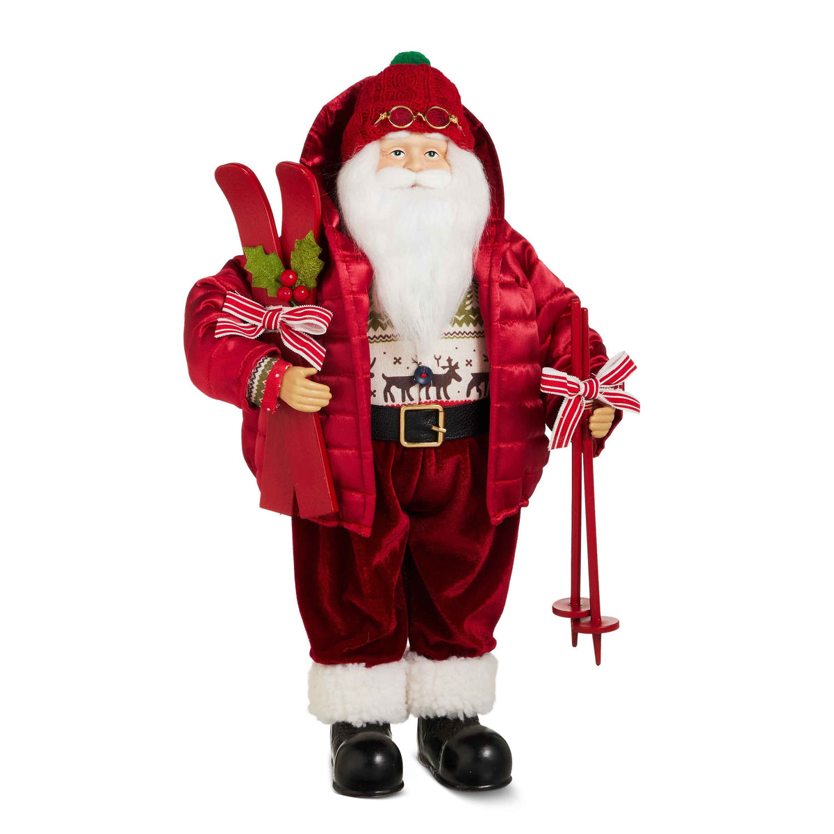 Skiing Santa Figure in Red Puffer Jacket