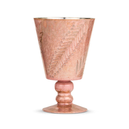 Small Antique Rose Footed Vase, A small footed pink glass vase with an etched fern and leaf pattern.