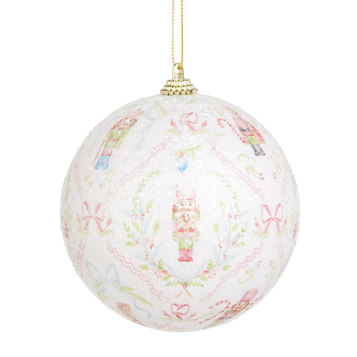 Small Nutcracker Suite Ball Ornament, A white ball ornament illustrated with a nutcracker soldier, a dancing ballerina, and pastel ribbons and holly.