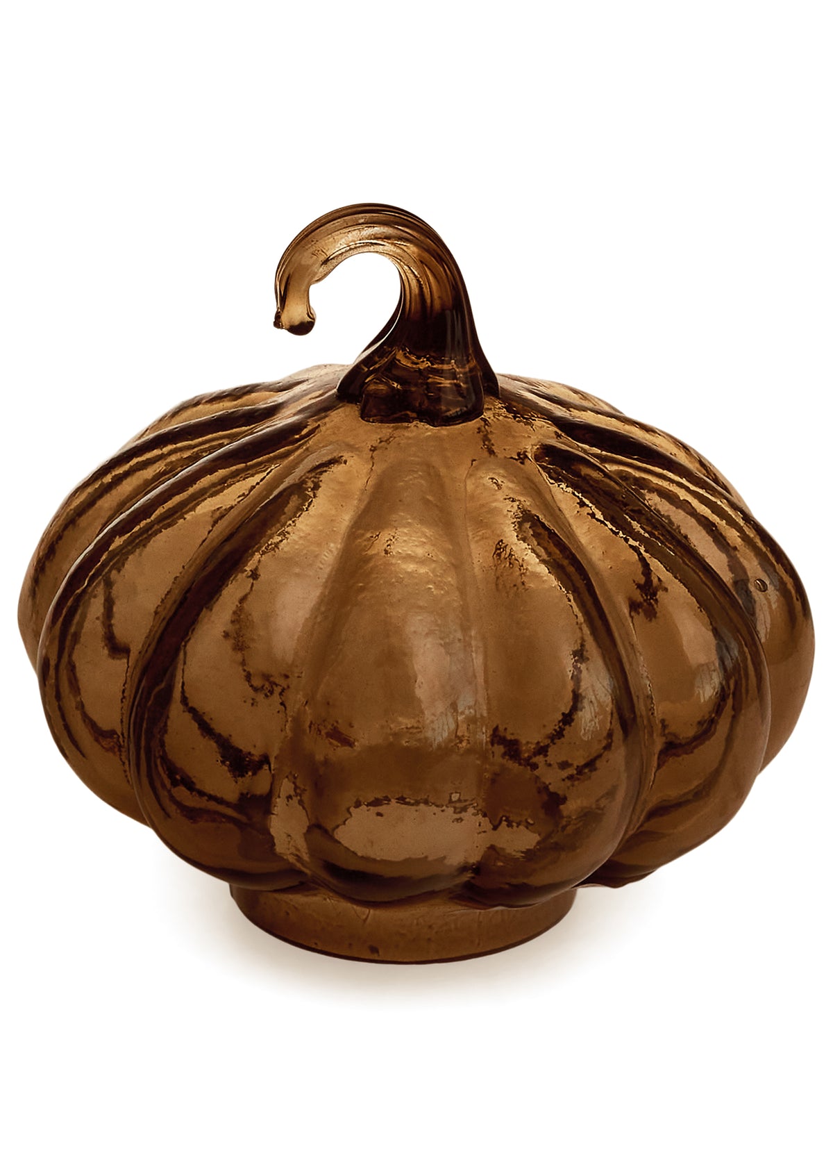 Small Recycled Glass Pumpkin, A small, squat, round amber-brown recycled glass pumpkin with a curled glass stem.