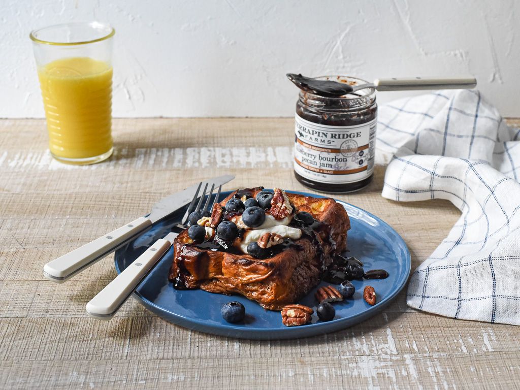 Blueberry Bourbon Pecan Jam, shown in a styled setting