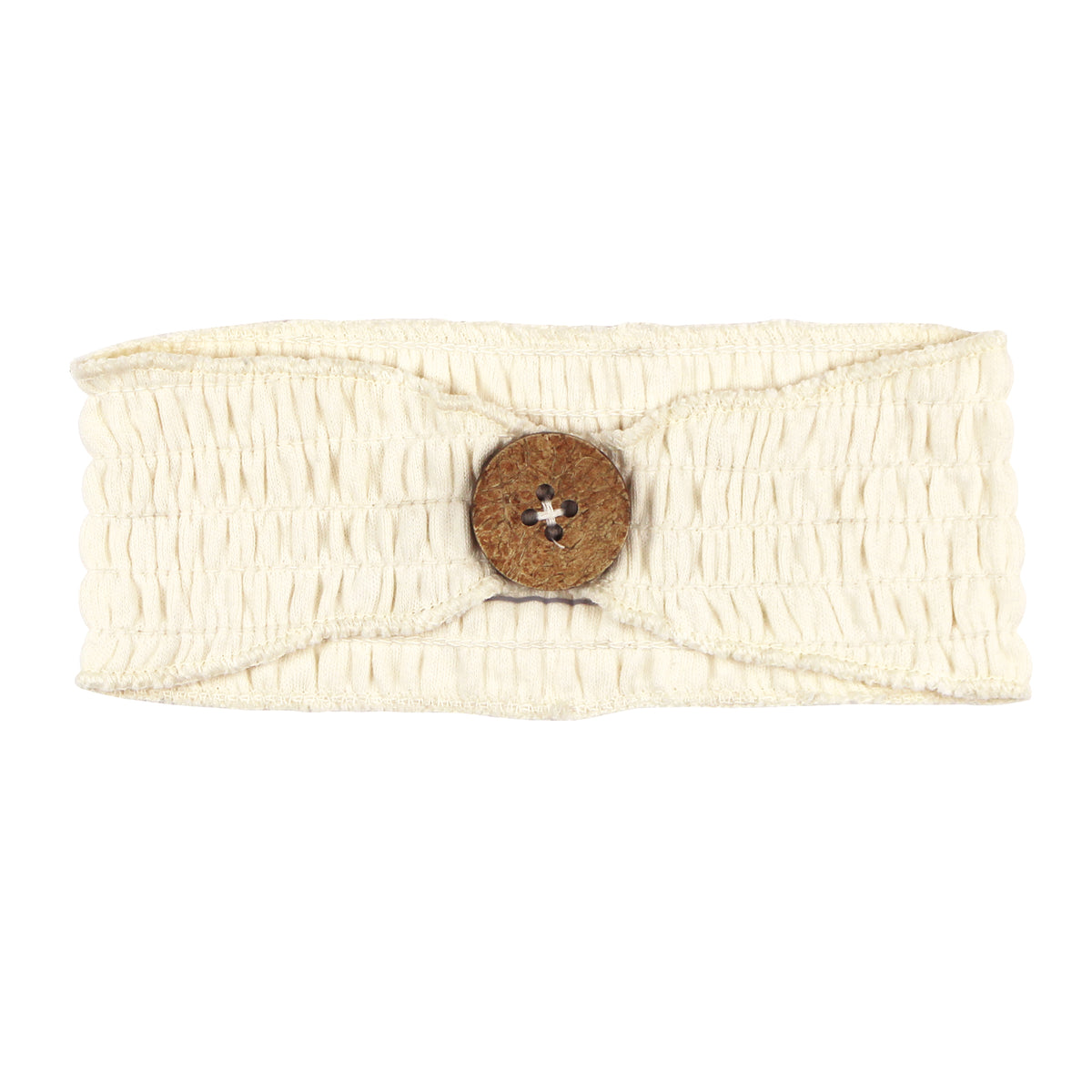 Smocked Button Headband, Buttercream, A cream colored smocked fabric headband with a round wooden button in the center.