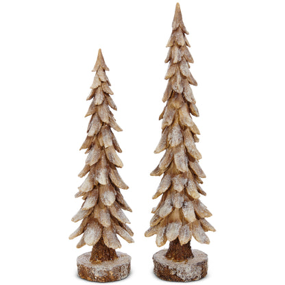 Snow-Dusted Woodland Evergreen Tree, A small and a large brown resin evergreen tree side by side, with glittery snow-dusted branch tips, each standing on a round bark-textured base.
