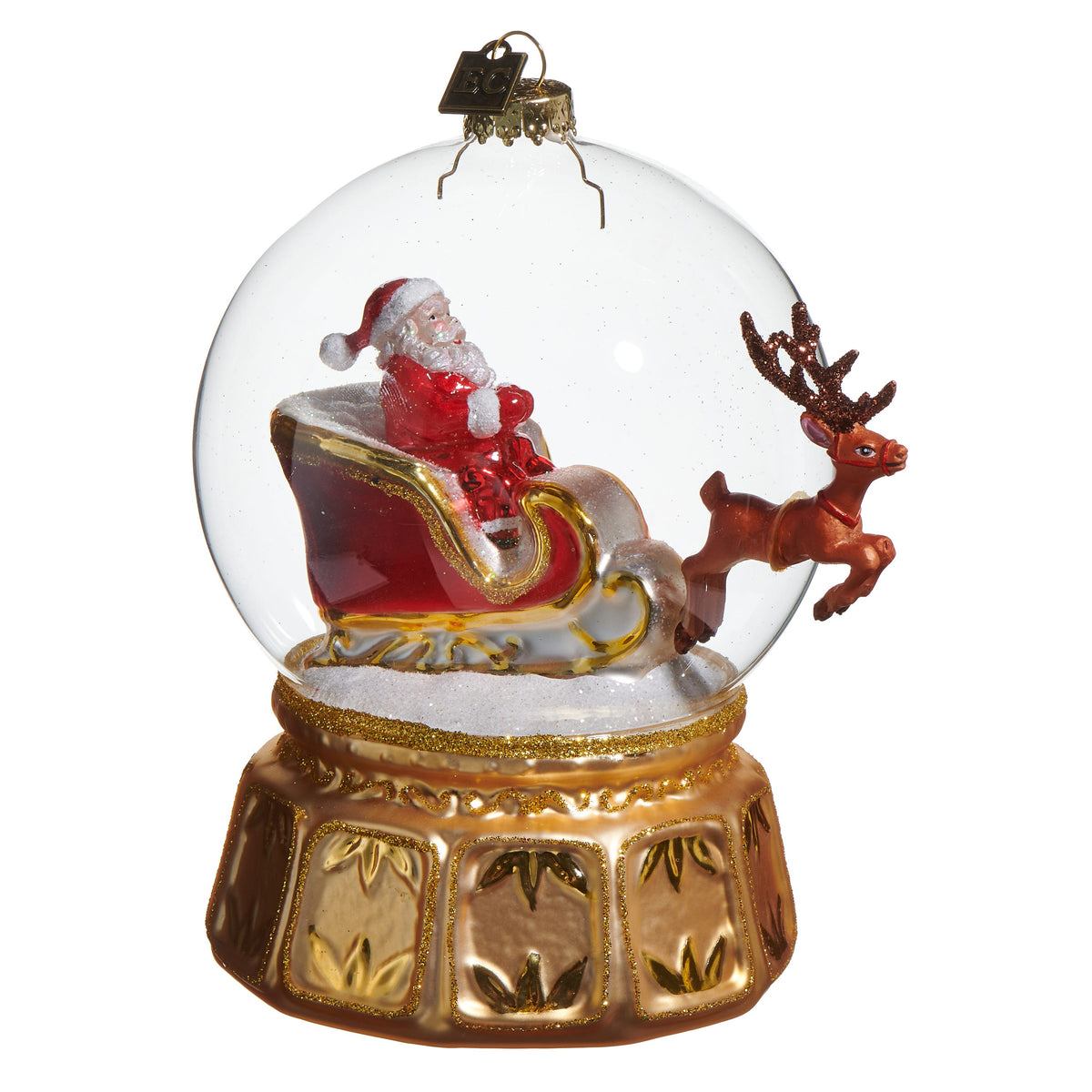 Snow Globe Express Ornament, A glass ornament showing Santa in his sleigh pulled by a reindeer, set on a gold pedestal base.