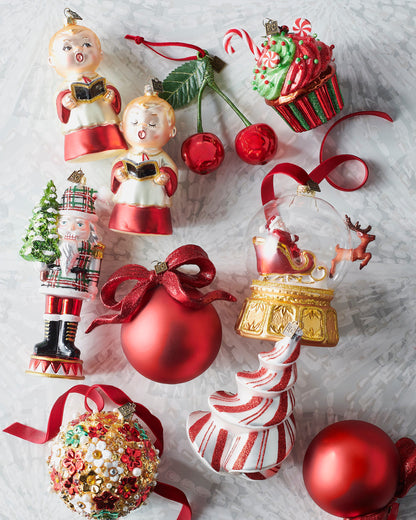 Candy Cane Spiral Tree Ornament, A white glass spiral tree ornament with red glitter stripes resembling a candy cane.
