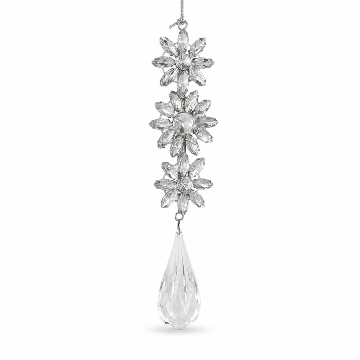 Jeweled Snowflake Drop Christmas Ornament, Rounded Drop design: a faceted teardrop, full and rounded at the base