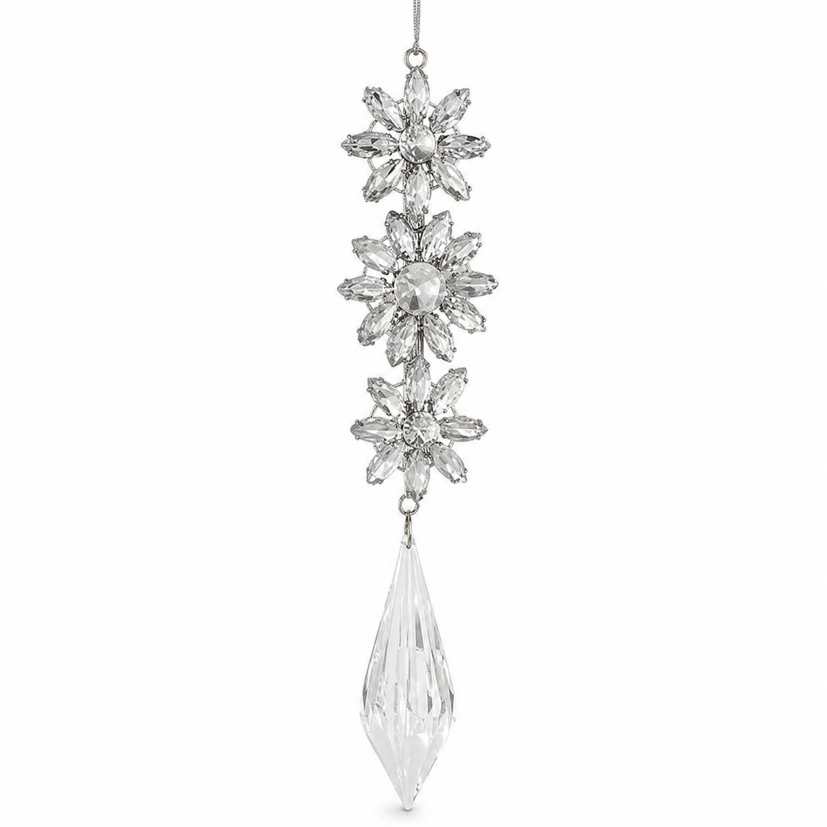 Jeweled Snowflake Drop Christmas Ornament, Pointed Drop design: a faceted drop that narrows to a sharp point