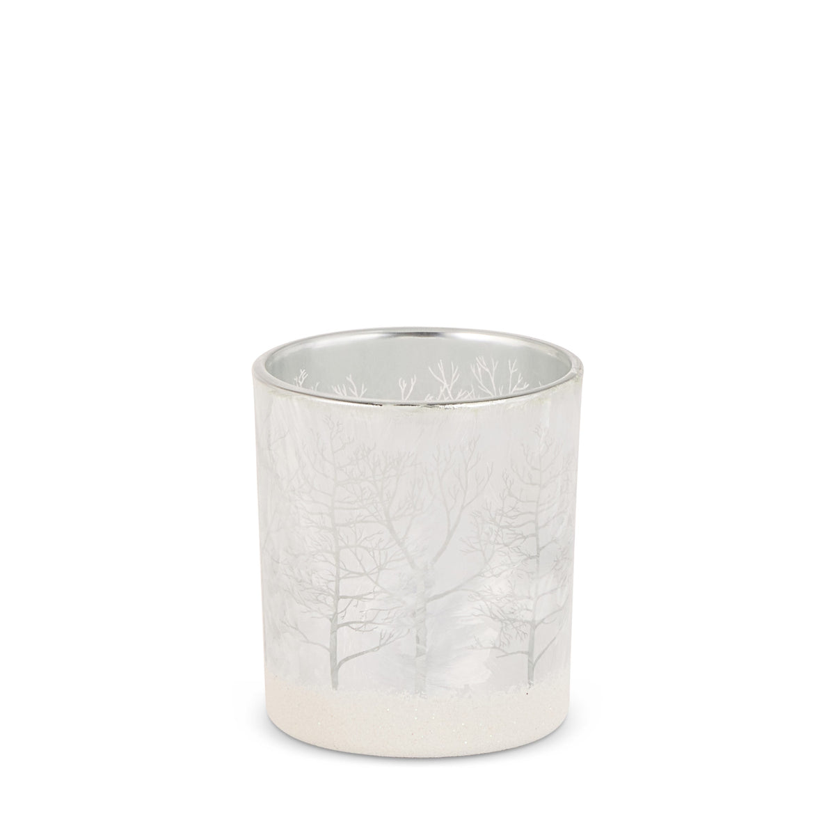 Snowy Forest Glass Container, A small frosted glass cup with a silver rim and interior, a silver bare-tree pattern and a band of white glitter at the base.